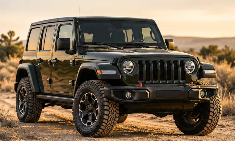 Czarny Jeep Wrangler na szutrowej drodze o zachodzie słońca